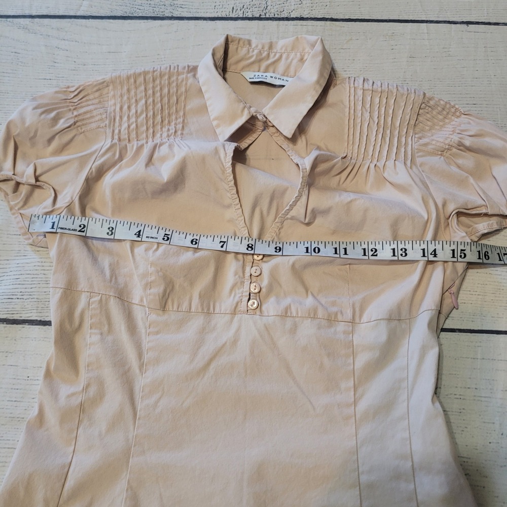Zara Woman Women S Blouse Tan Pintuck Puff Sleeve V-Neck Side Zip Tailored Top - Picture 5 of 7